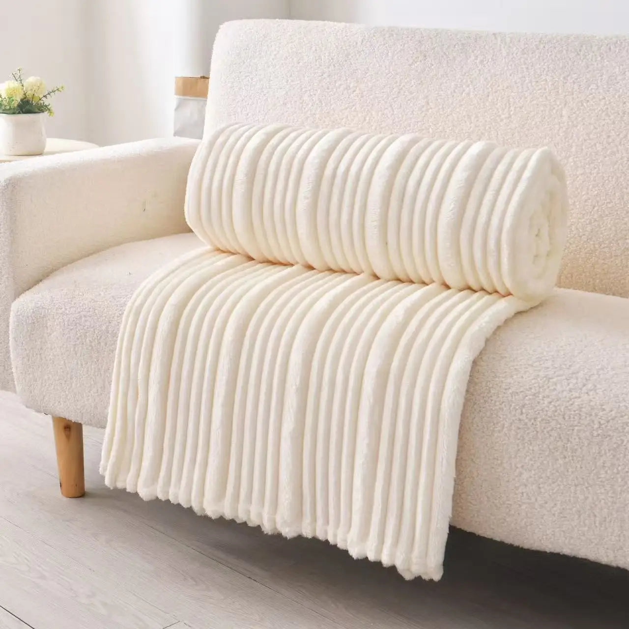 Plush Ultra Soft Ribbed Throw Blanket- Off-White