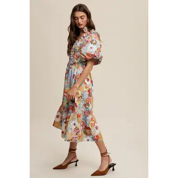 Vintage Flower Print Puff-Sleeve Midi Dress