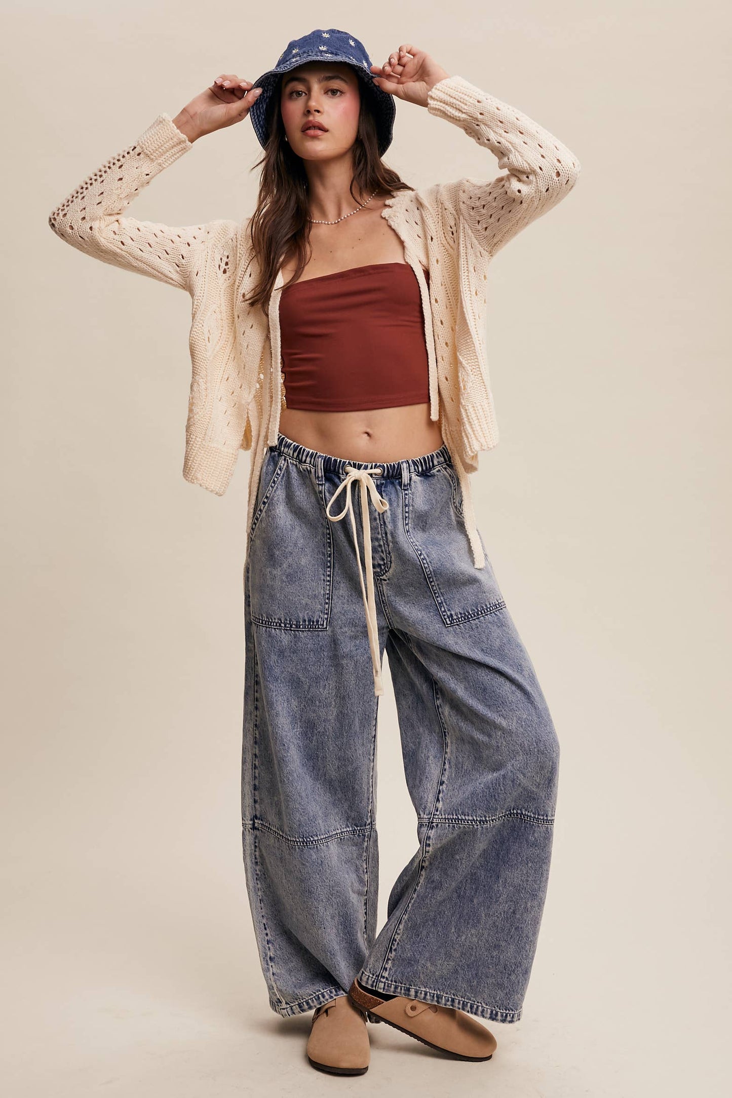 Wide-Leg Denim Drawstring Pants: Blue Denim