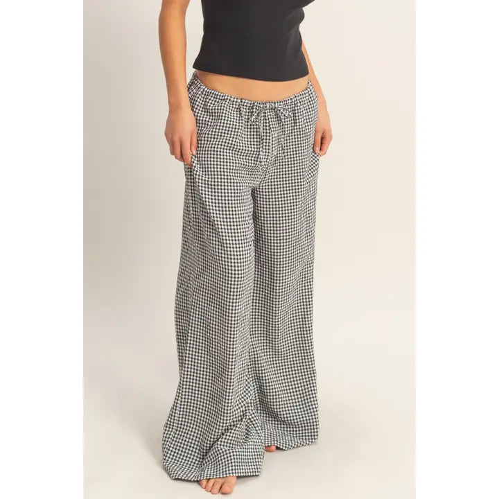 Gingham Drawstring Wide-Leg Pants- Black
