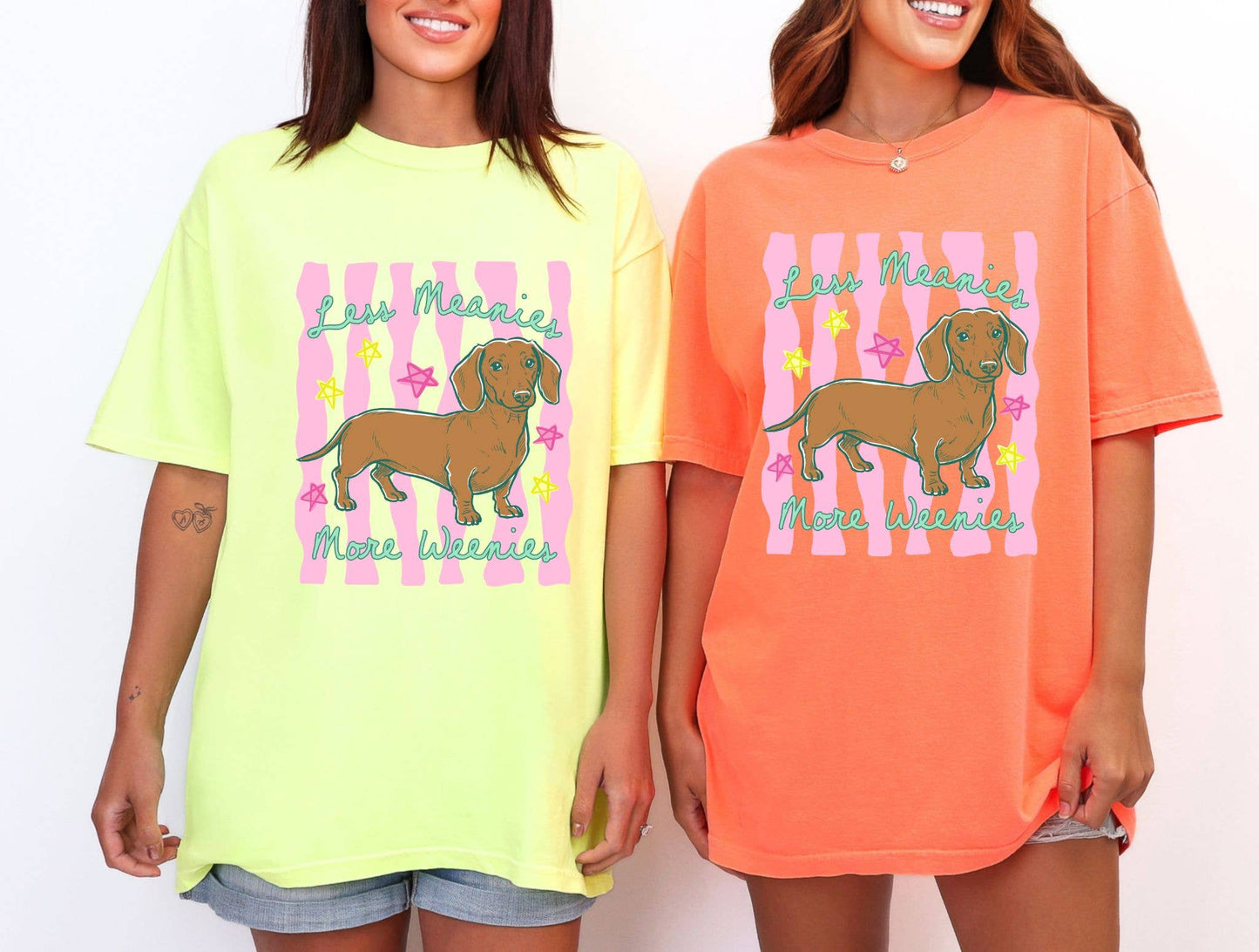 Less Meanies More Weenies Graphic Tee- Neon Orange