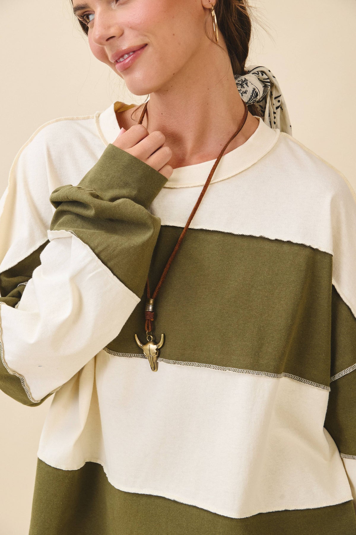 Oversized Color Block Long Sleeve Pullover-Butter Olive