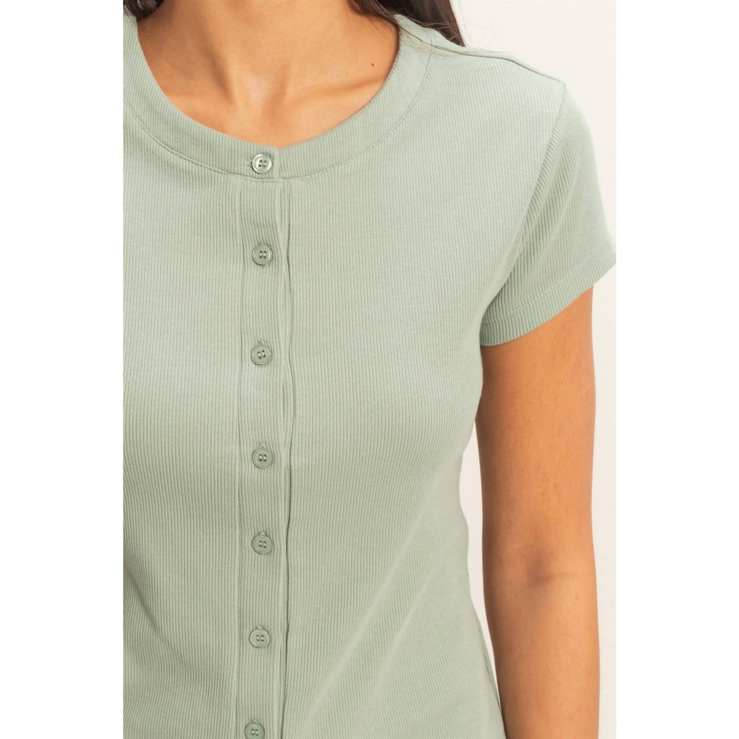 Ribbed Button-Front Crew Neck Top-Sage Green
