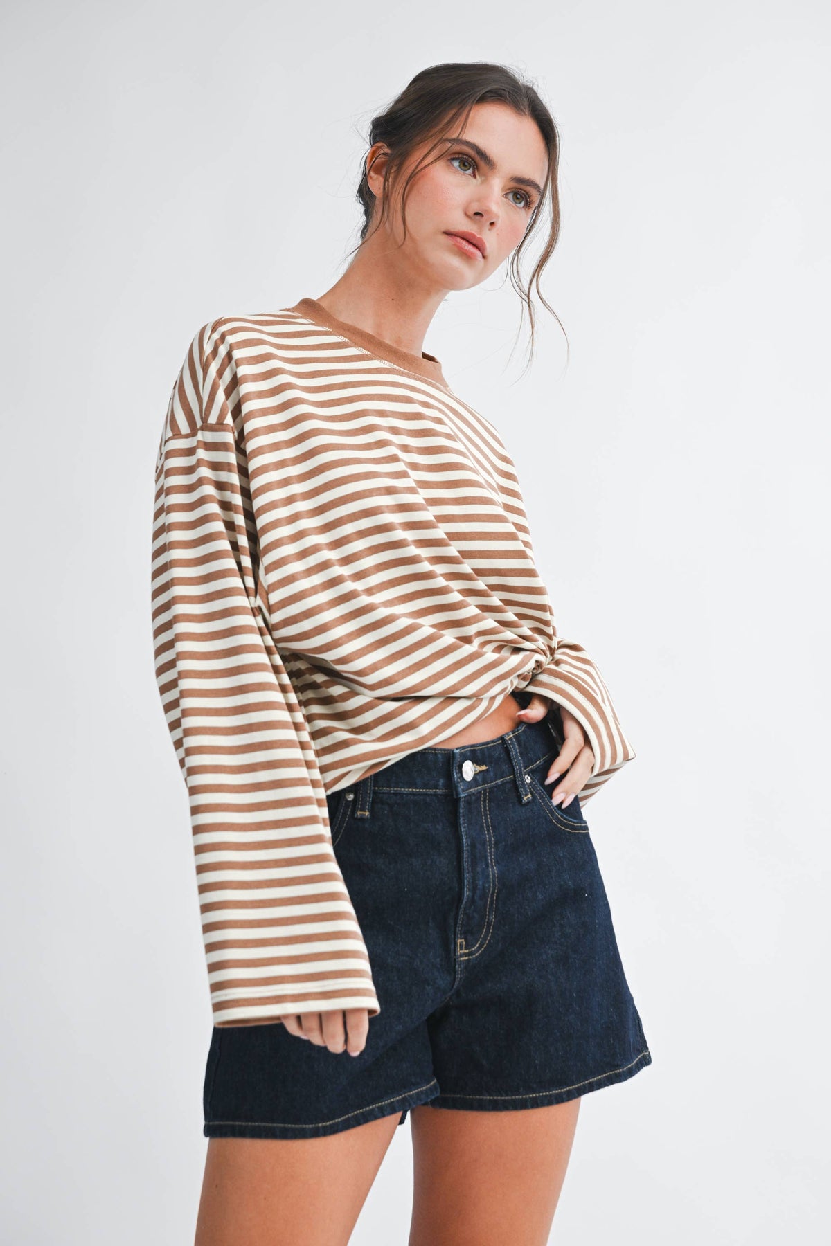 Olivia Oversized Stripe Long Sleeve Top- Latte