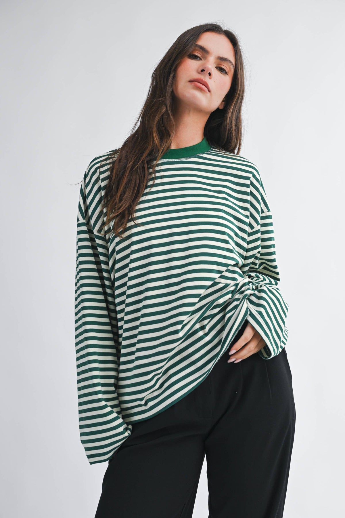 Olivia Oversized Stripe Long Sleeve Top-Green