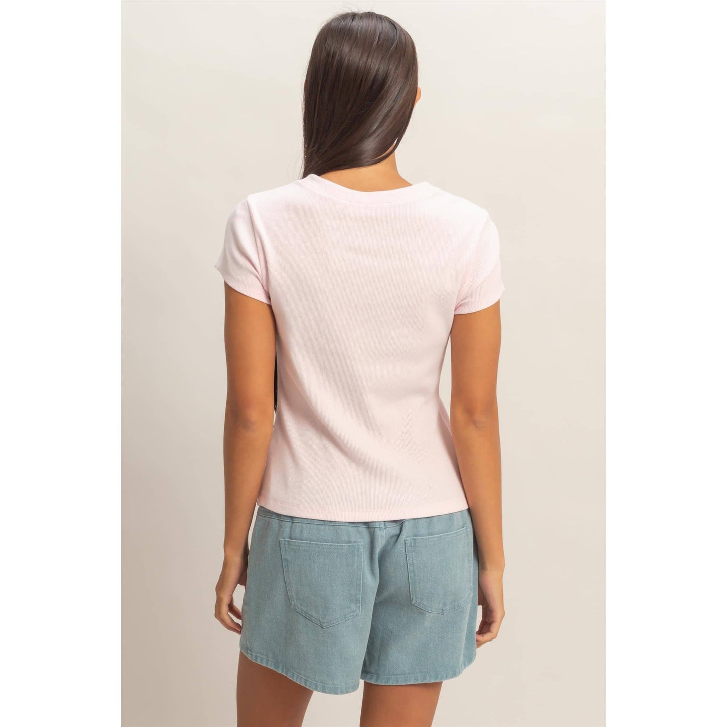 Ribbed Button-Front Crew Neck Top-Off White