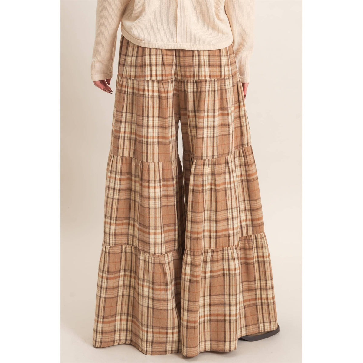 Tiered Plaid Wide-Leg Pants-Mocha