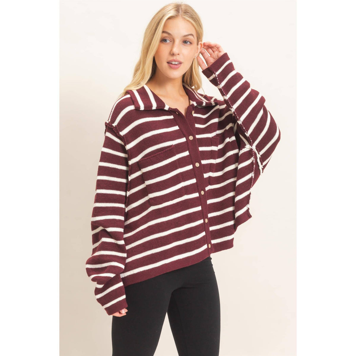 Striped Button Front Cardigan- Wine