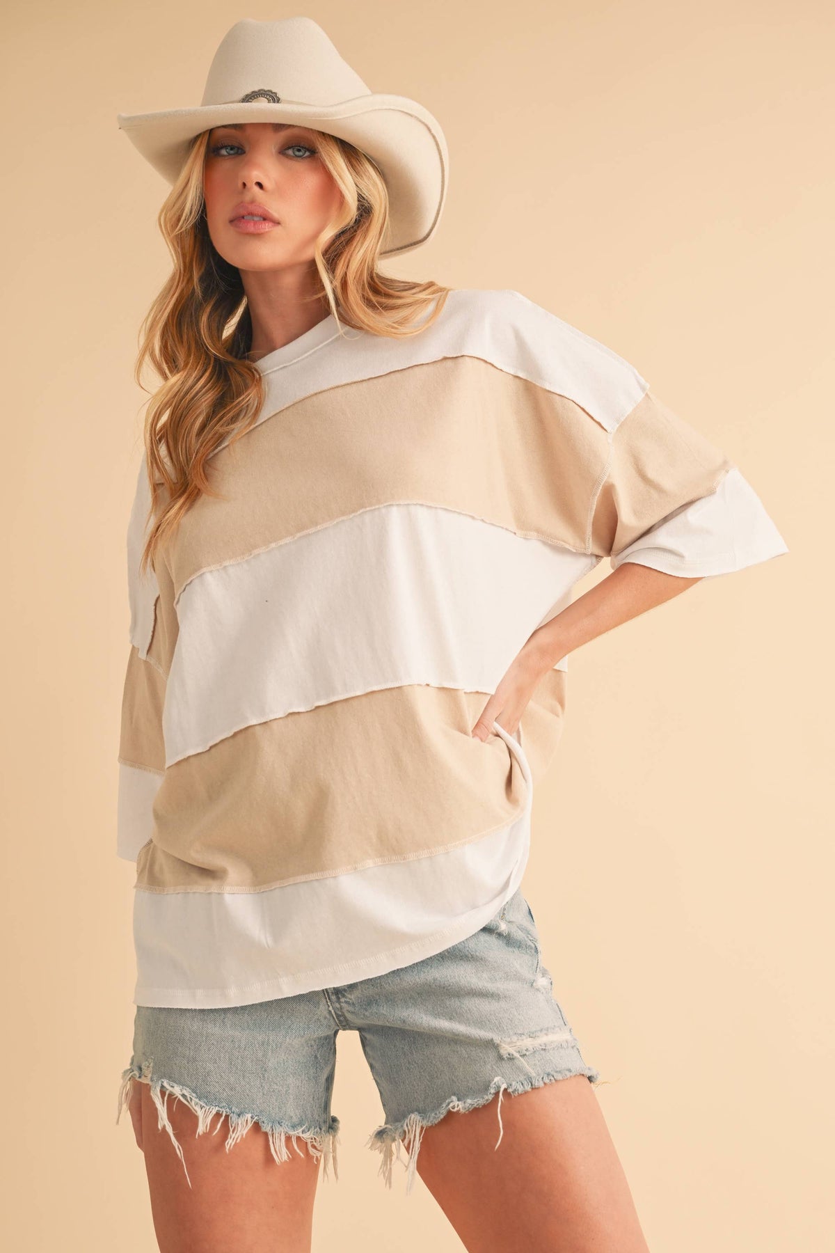 8417FN Polly Color Block Top: Butter Green / Contemporary / L