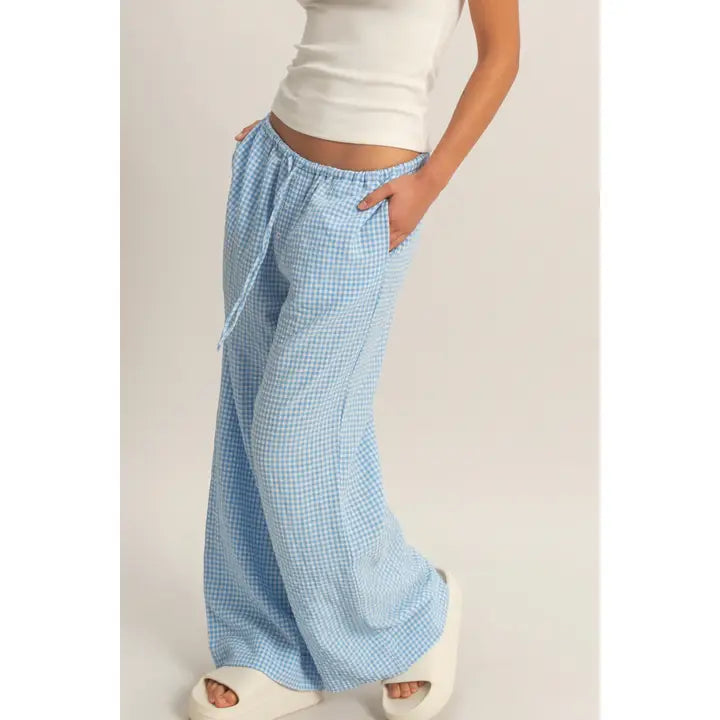 Gingham Drawstring Wide-Leg Pants-Blue