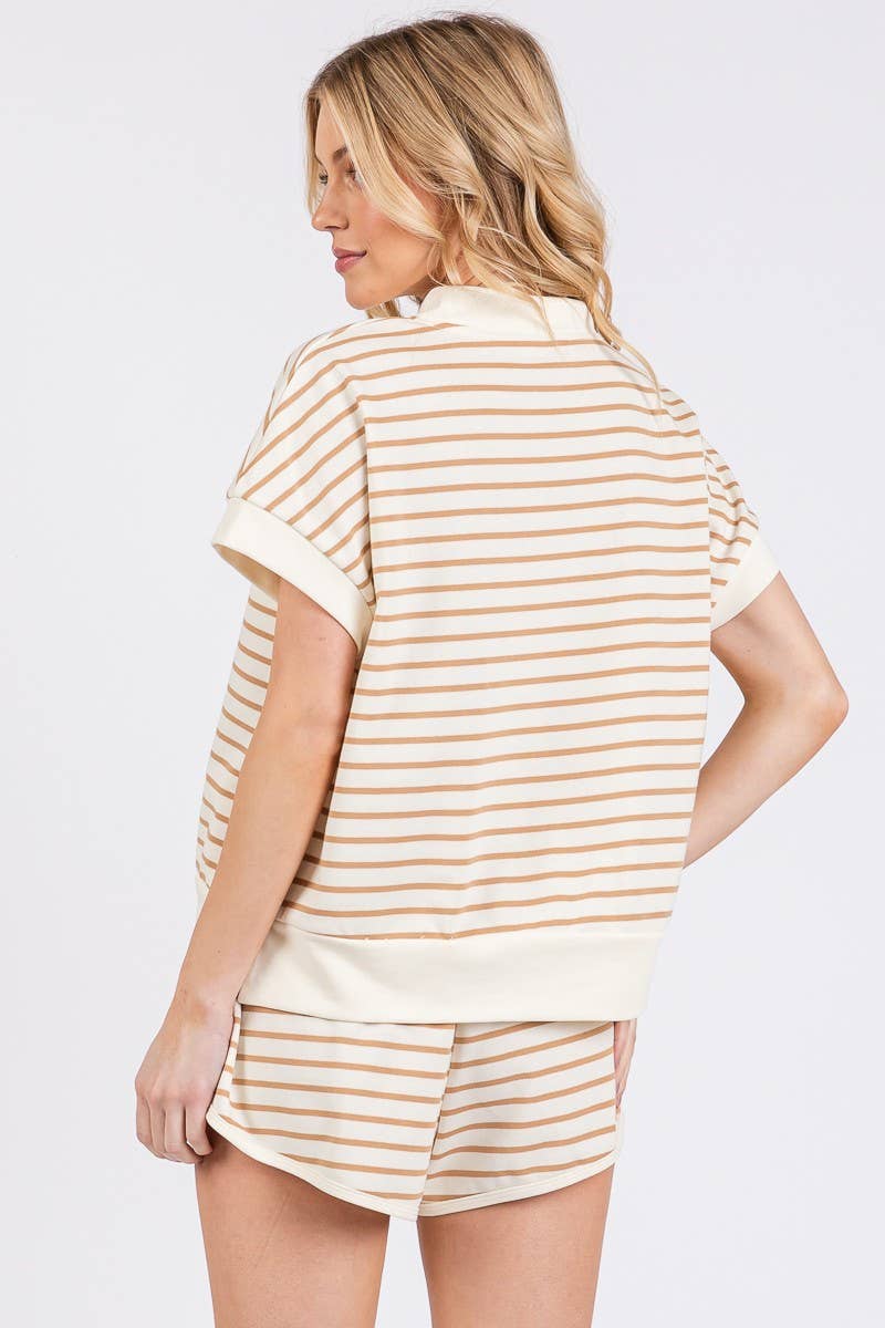 HALF ZIP UP STRIPED TOP AND SHORTS SETS : BLUE/PINK / S