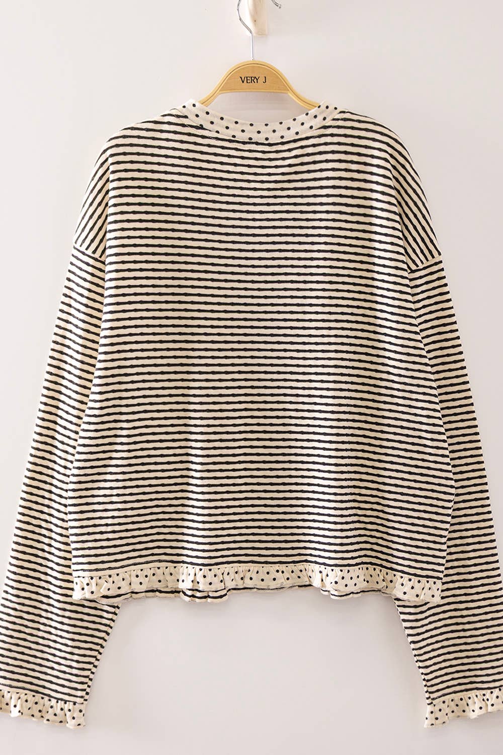 NT12834-Polka Dot Trim Stripe Button-Up Cardigan: CREAM/BLACK / S-M-L/2-2-2