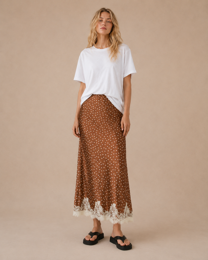 SA10146S - Lace Trim Polka Dot Maxi Skirt: TOFFEE / L