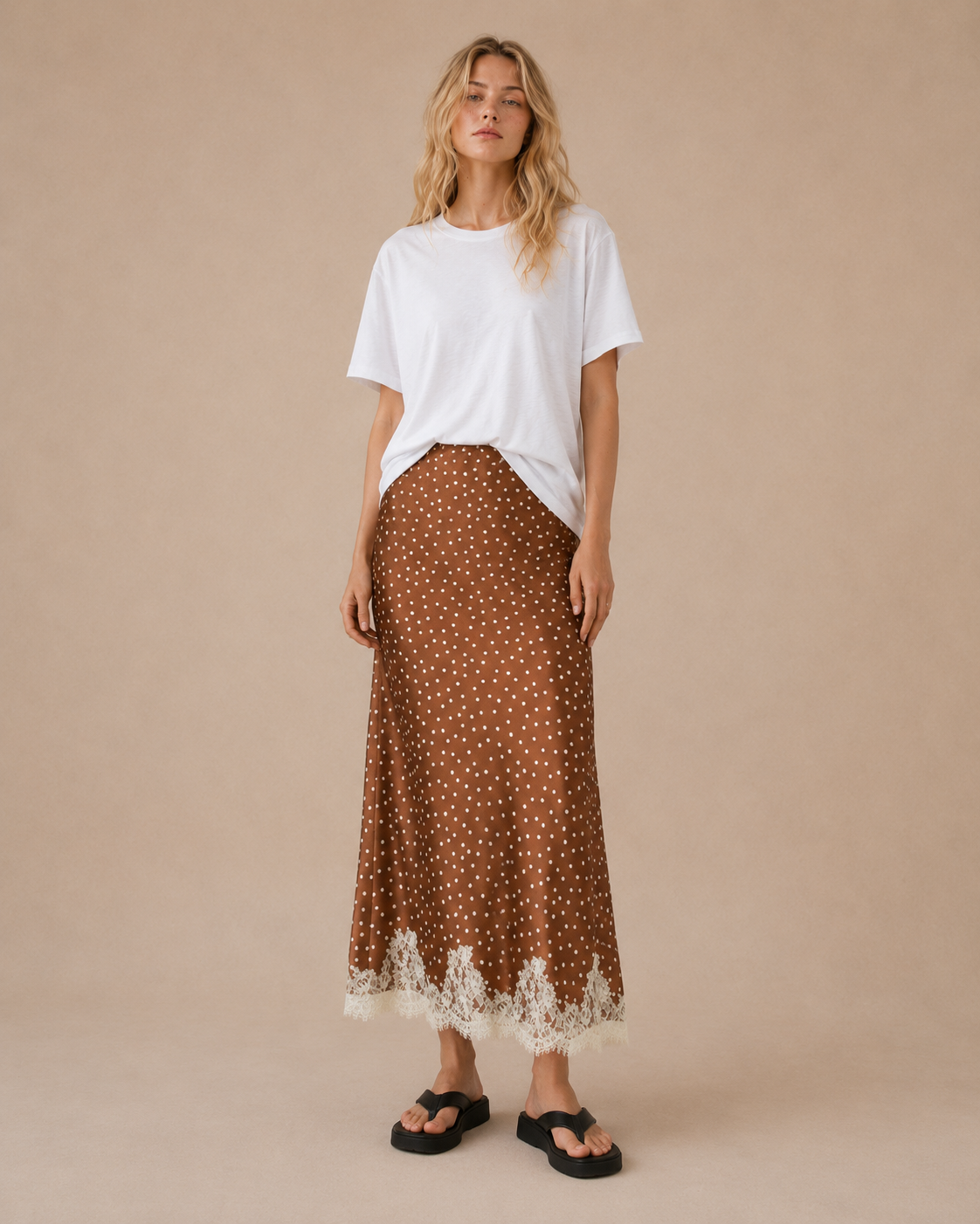 SA10146S - Lace Trim Polka Dot Maxi Skirt: TOFFEE / M
