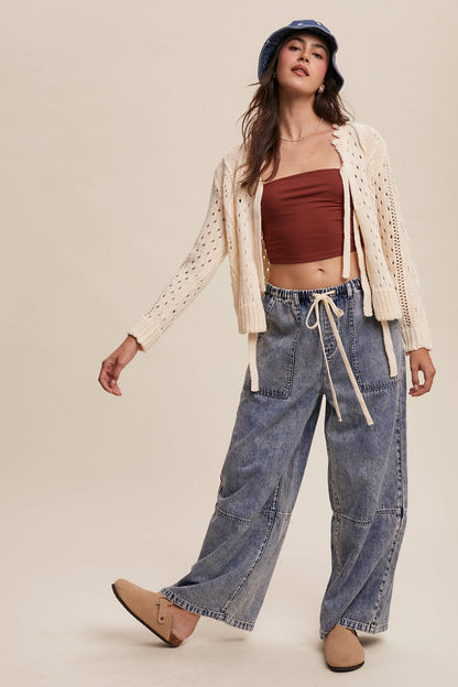 Wide-Leg Denim Drawstring Pants: Blue Denim