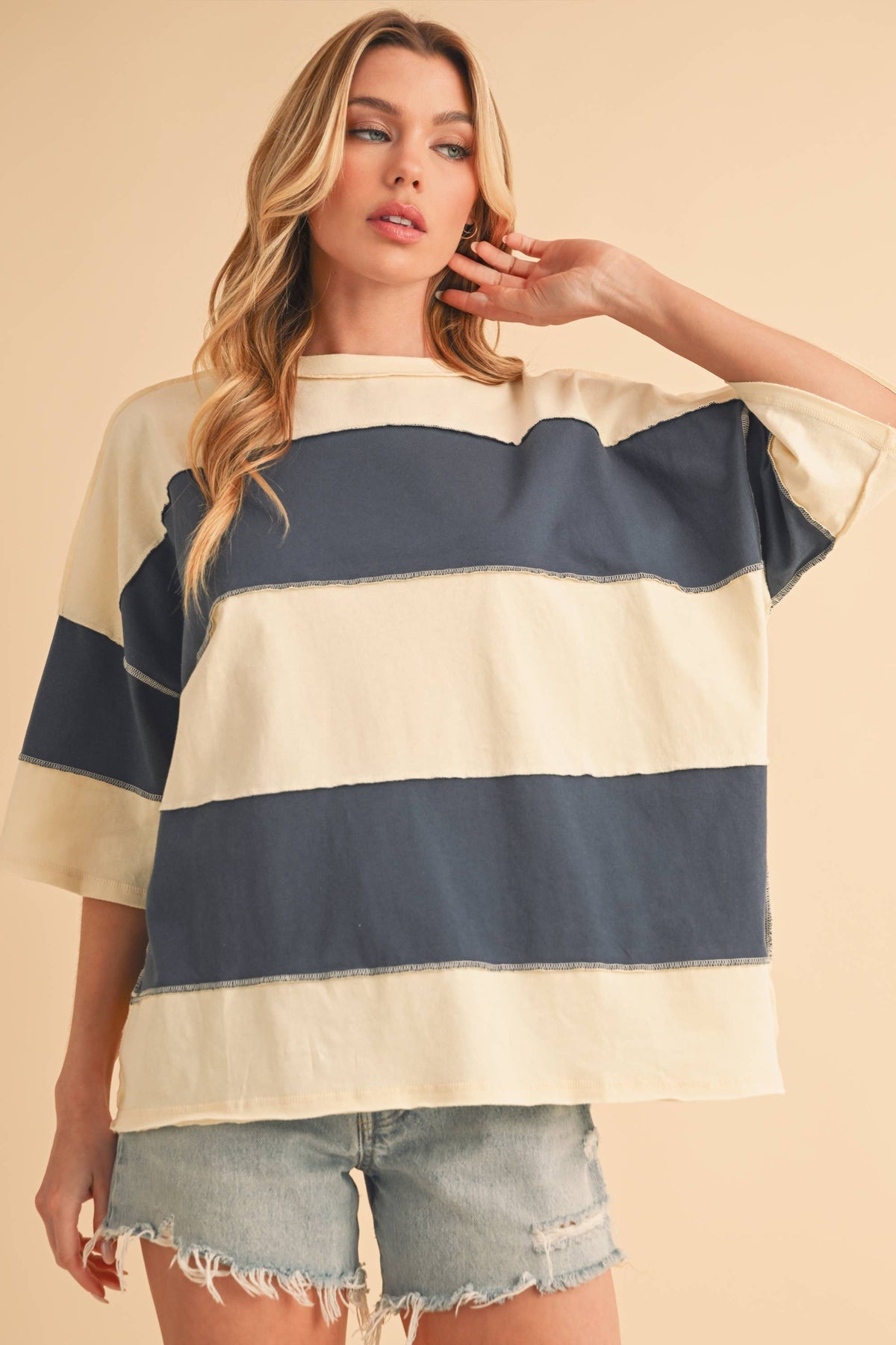 8417FN Polly Color Block Top: Butter Green / Contemporary / L