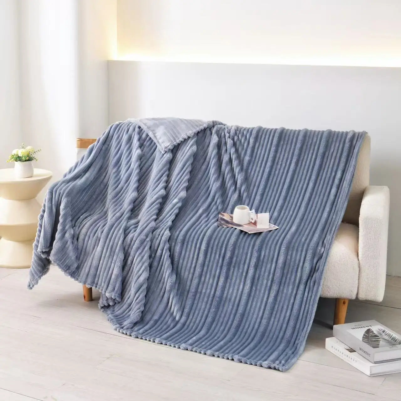 Plush Ultra Soft Ribbed Throw Blanket- Blue