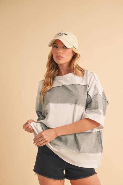 8417FN Polly Color Block Top: Butter Green / Contemporary / L