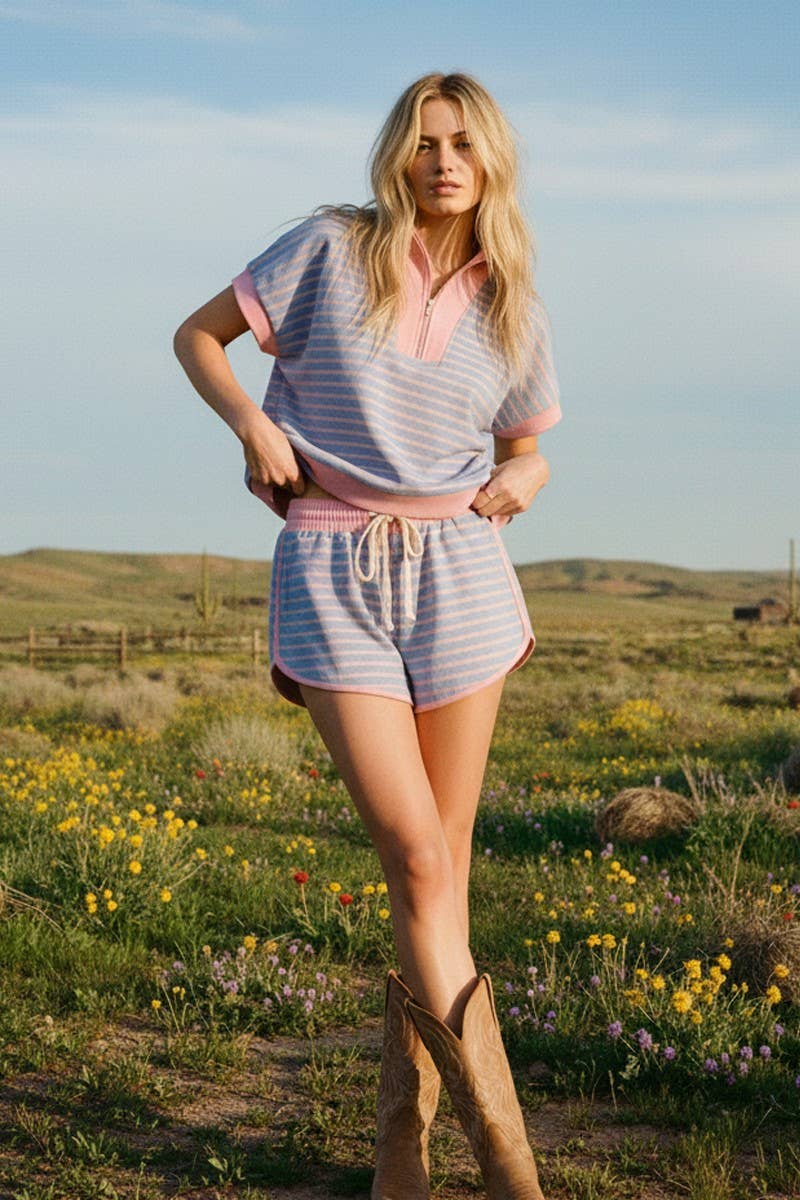 HALF ZIP UP STRIPED TOP AND SHORTS SETS : BLUE/PINK / S