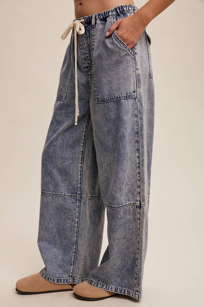Wide-Leg Denim Drawstring Pants: Blue Denim