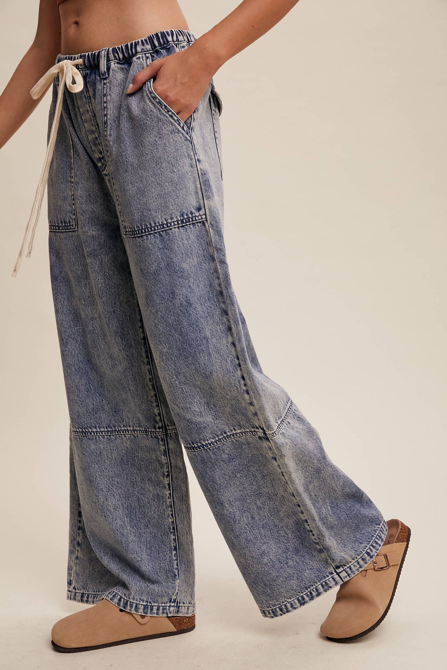 Wide-Leg Denim Drawstring Pants: Blue Denim