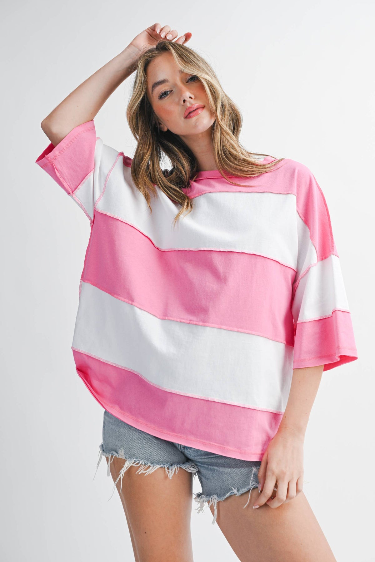 8417FN Polly Color Block Top: Butter Green / Contemporary / L