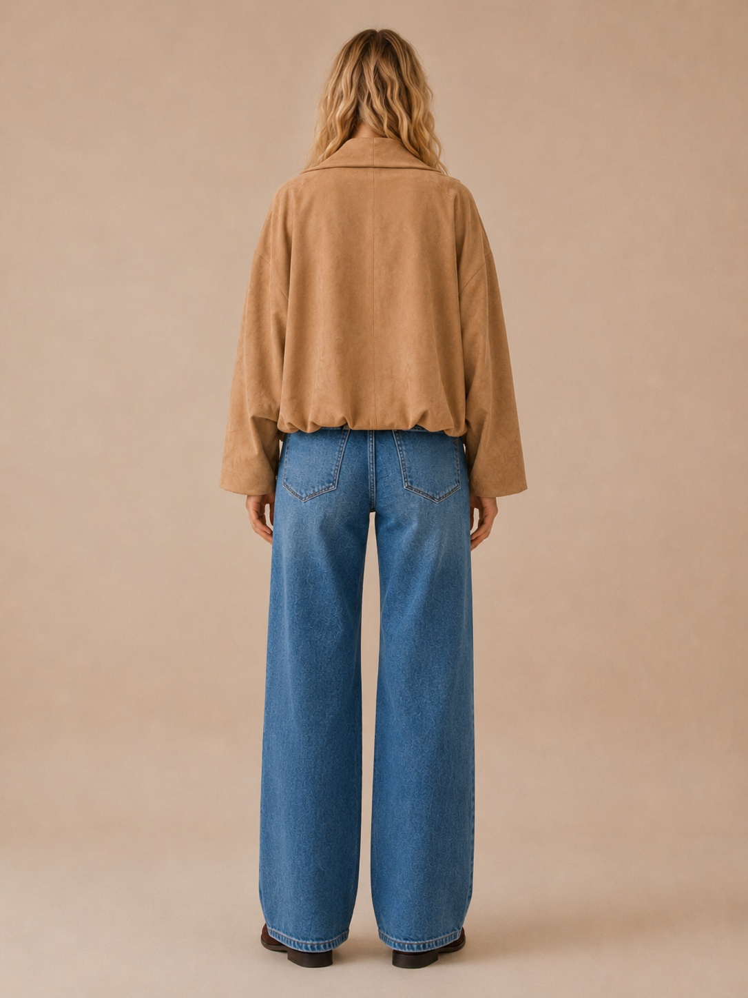 SA10128J - Balloon Hem Suede Open Jacket: TAUPE / M