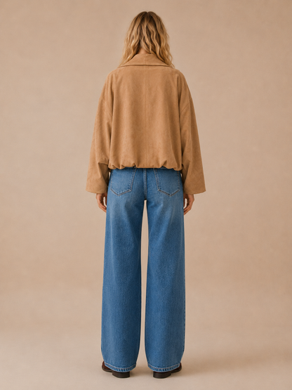 SA10128J - Balloon Hem Suede Open Jacket: TAUPE / M