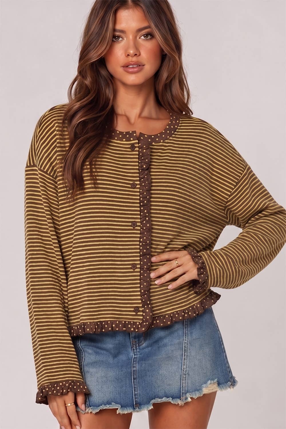 NT12834-Polka Dot Trim Stripe Button-Up Cardigan: CREAM/BLACK / S-M-L/2-2-2