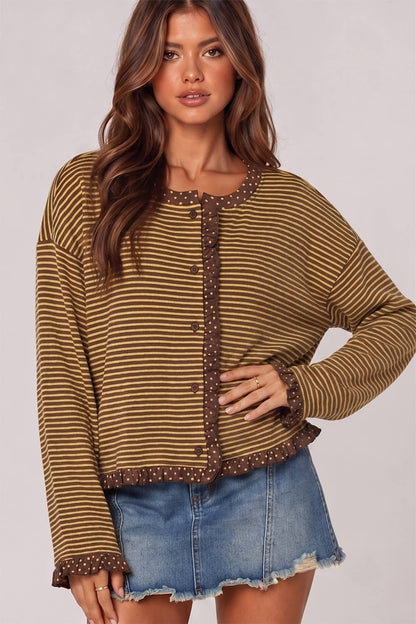 NT12834-Polka Dot Trim Stripe Button-Up Cardigan: CREAM/BLACK / S-M-L/2-2-2