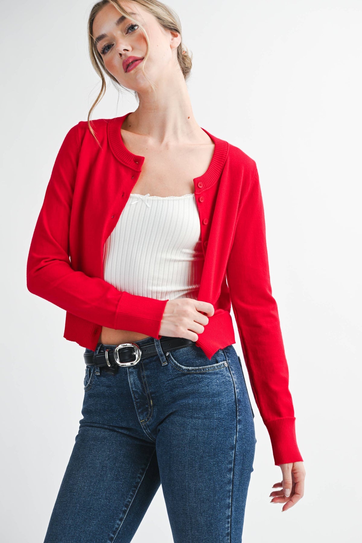 5176GN Ribbed Button-Up Knit Cardigan: Black / Contemporary / L