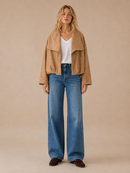 SA10128J - Balloon Hem Suede Open Jacket: TAUPE / S
