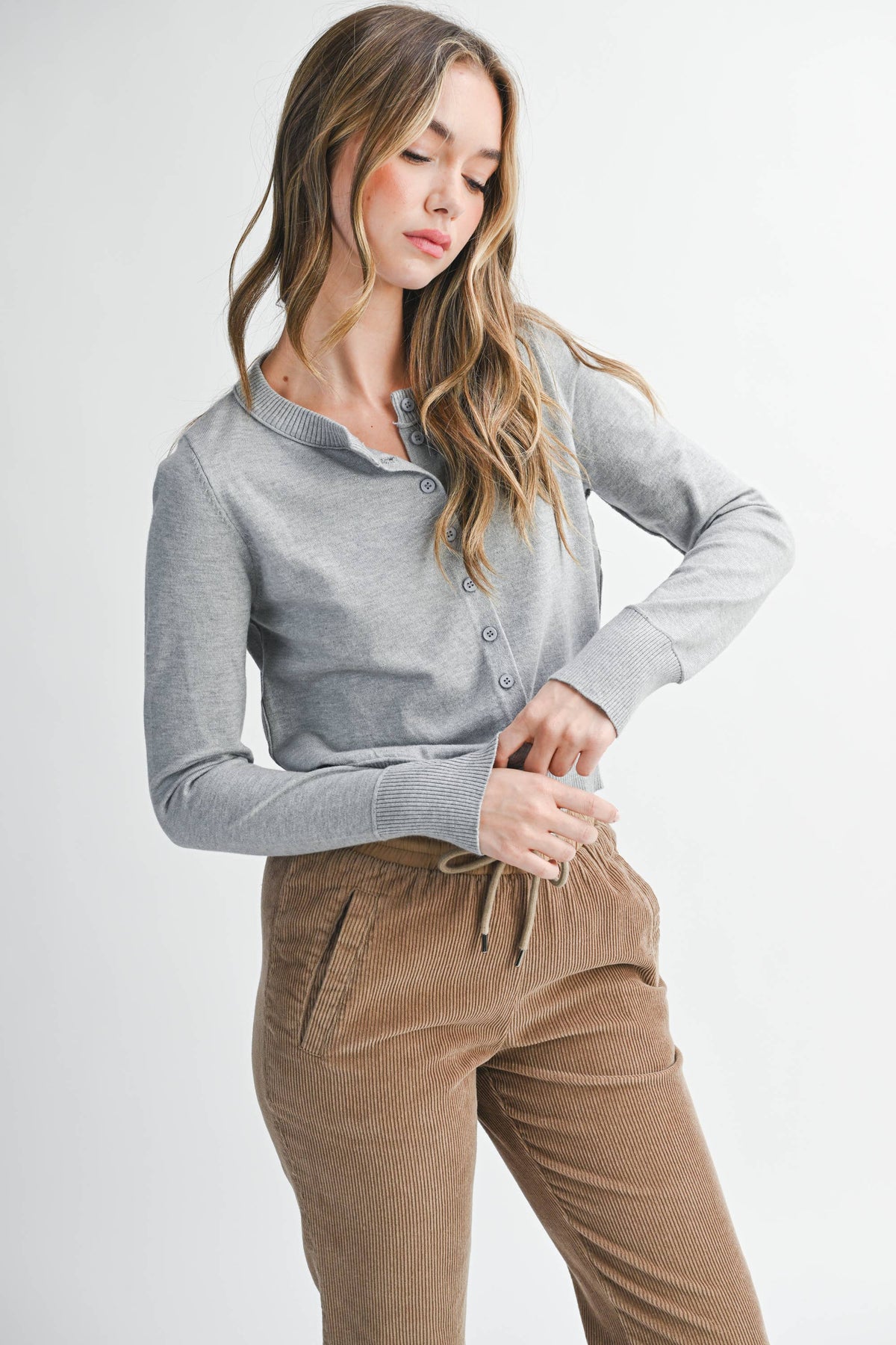 5176GN Ribbed Button-Up Knit Cardigan: Mocha Mousse / Contemporary / S