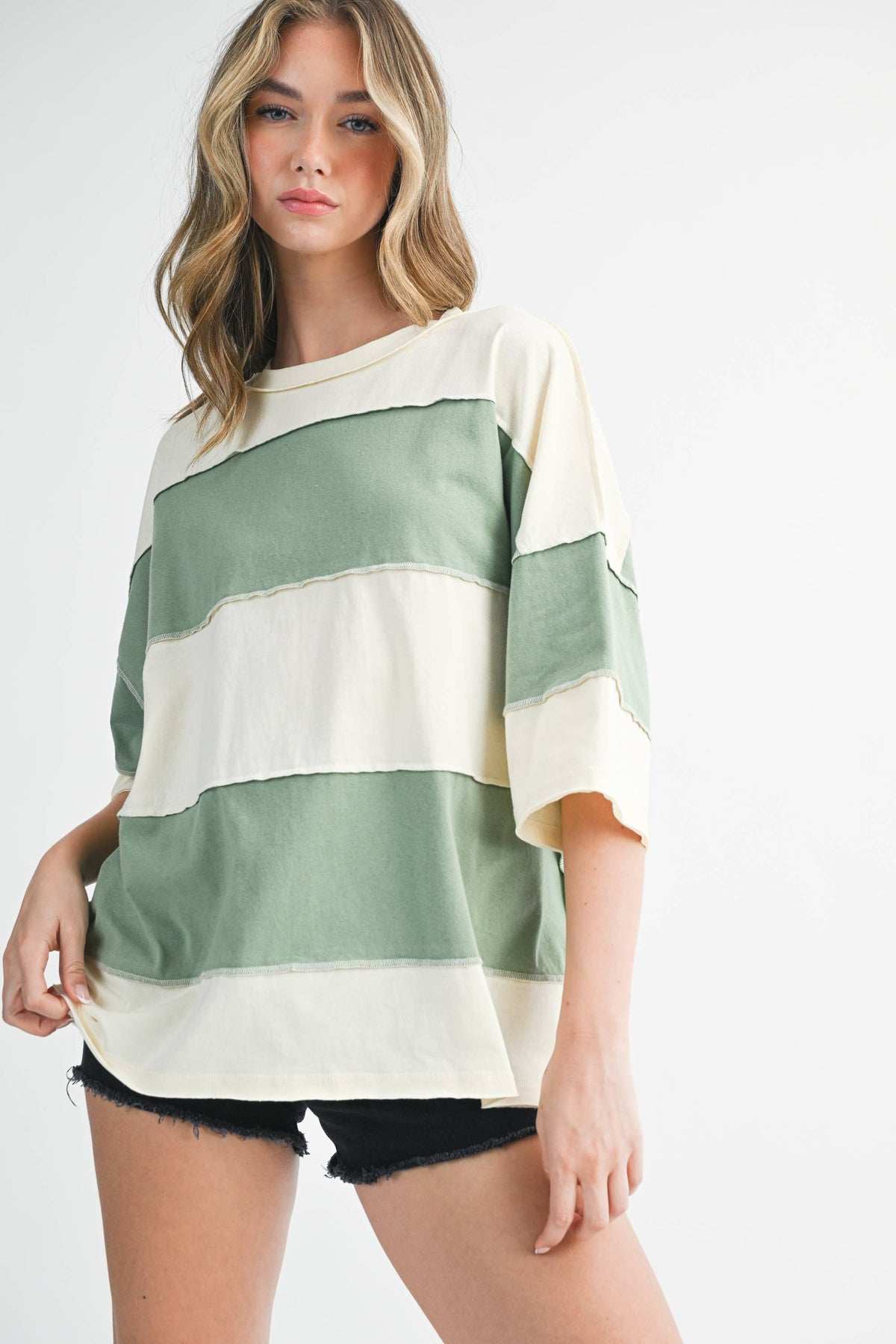 8417FN Polly Color Block Top: Butter Green / Contemporary / L