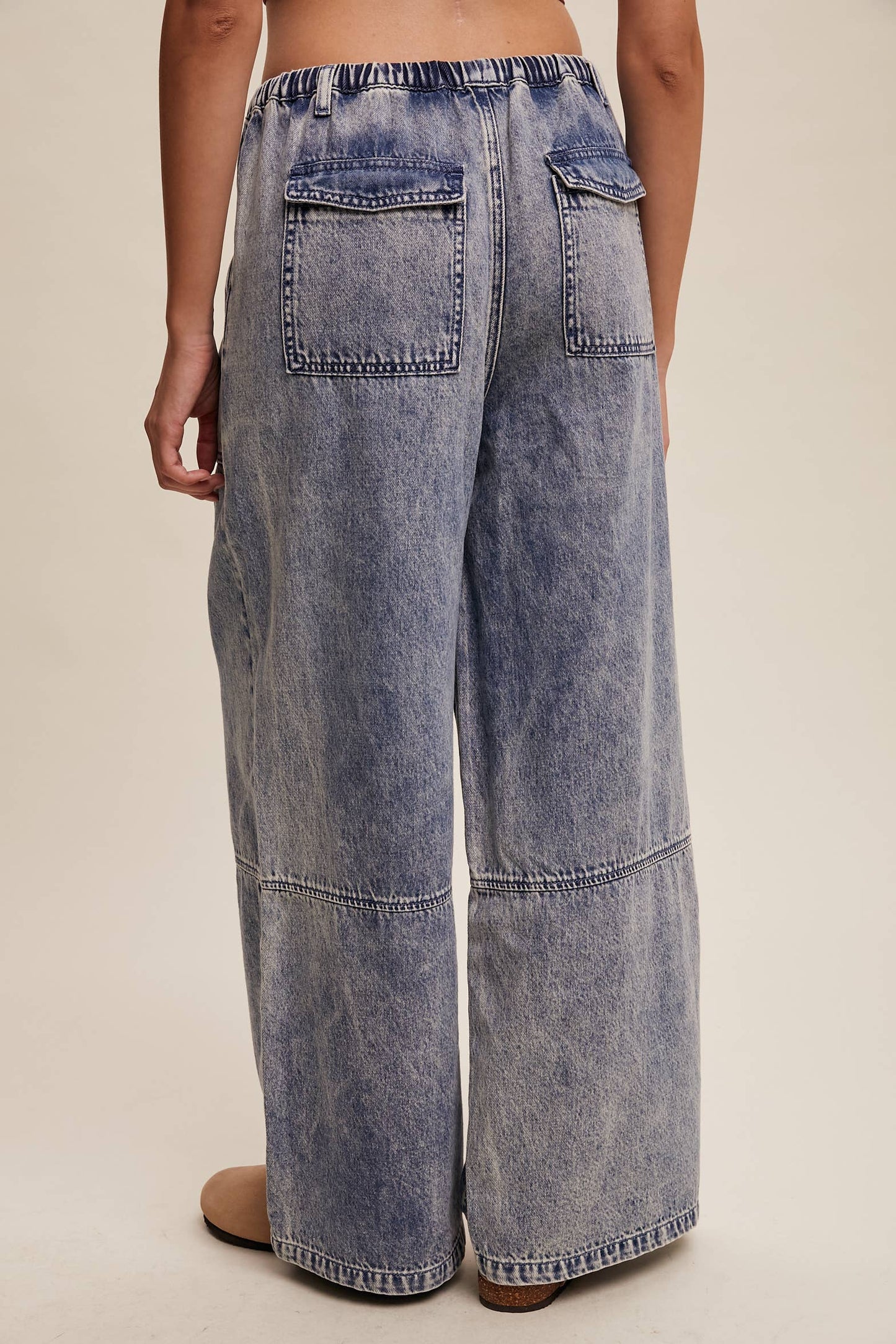Wide-Leg Denim Drawstring Pants: Blue Denim
