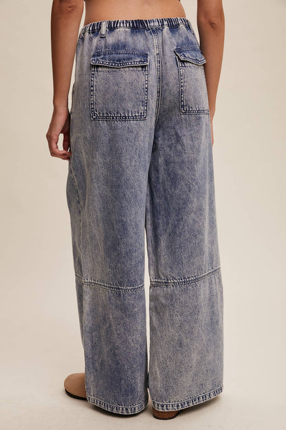 Wide-Leg Denim Drawstring Pants: Blue Denim