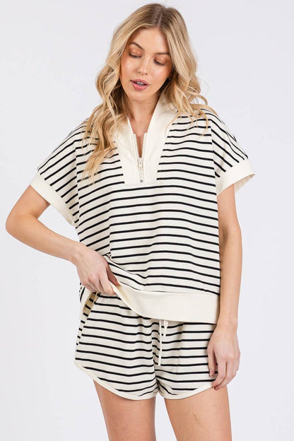 HALF ZIP UP STRIPED TOP AND SHORTS SETS : BLUE/PINK / M