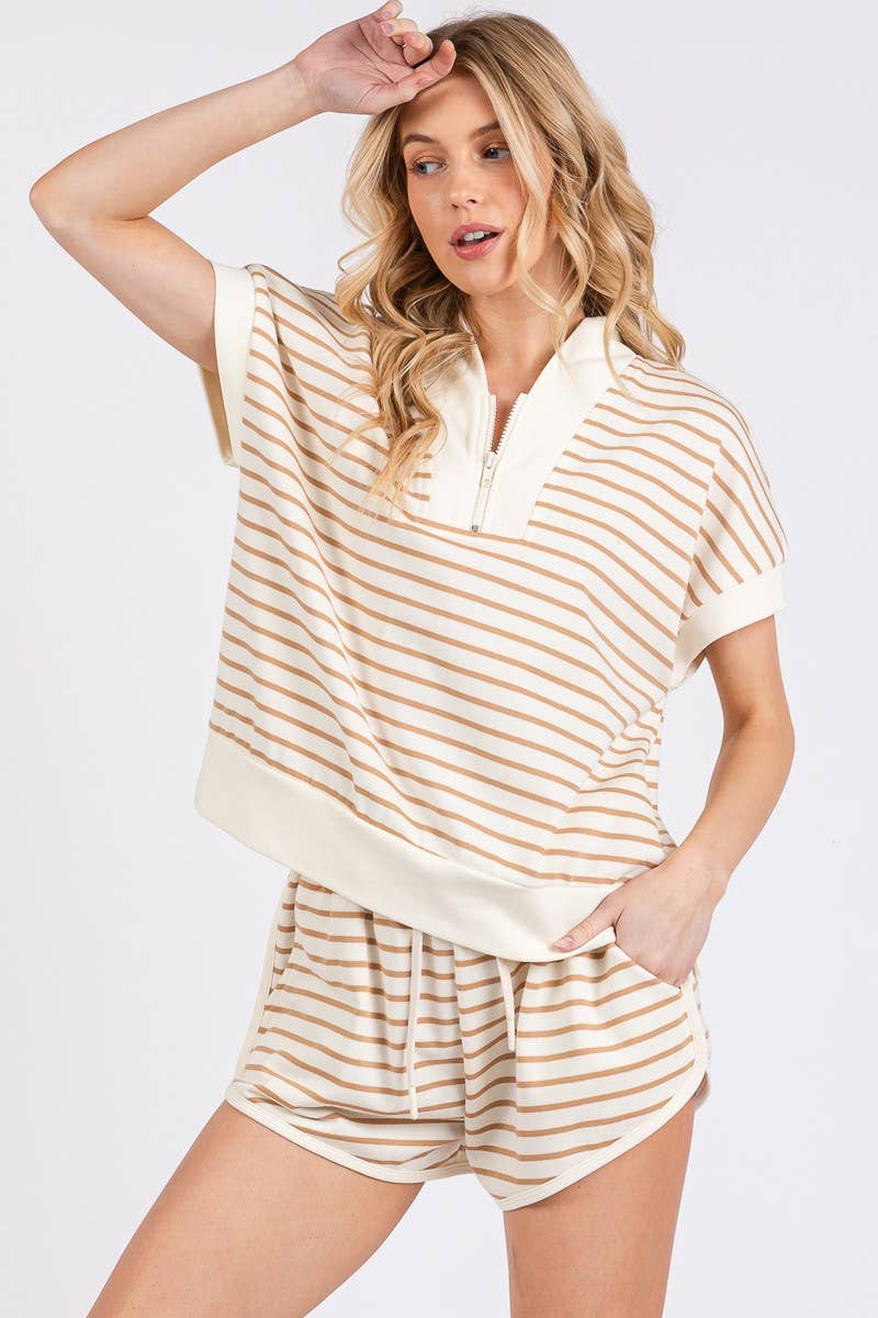 HALF ZIP UP STRIPED TOP AND SHORTS SETS : BLUE/PINK / S