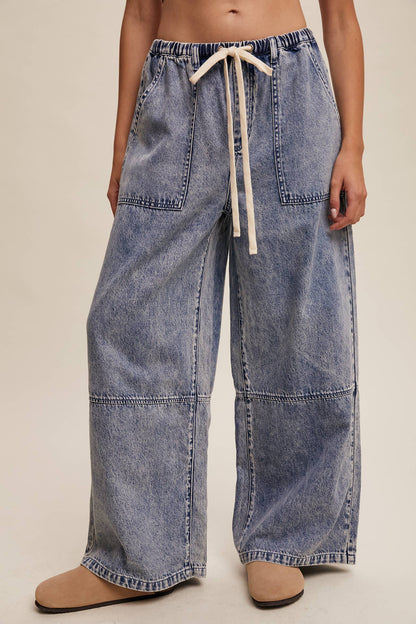 Wide-Leg Denim Drawstring Pants: Blue Denim