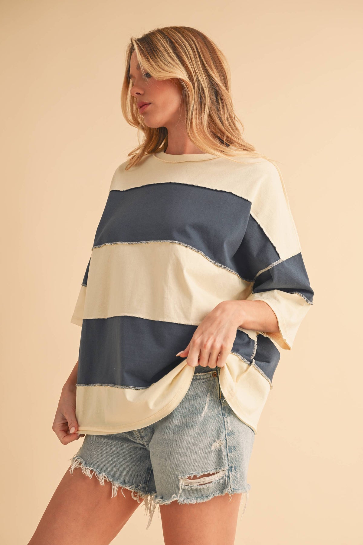 8417FN Polly Color Block Top: Butter Green / Contemporary / L