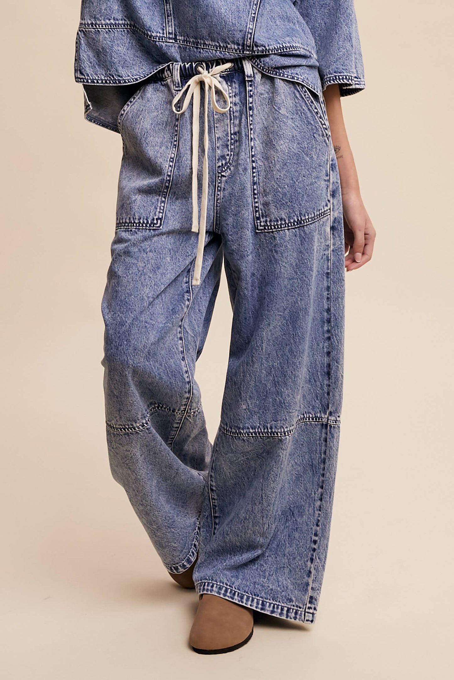 Wide-Leg Denim Drawstring Pants: Blue Denim