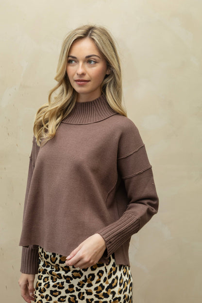 SA00121T - Soft Overlock Mock Neck Sweater: MOCHA / M/L