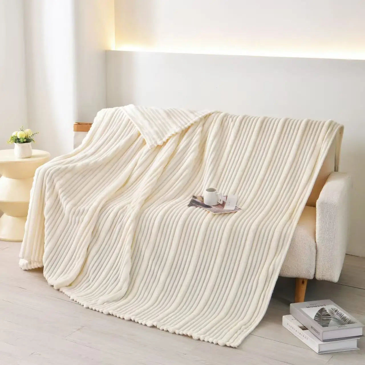 Plush Ultra Soft Ribbed Throw Blanket- Off-White