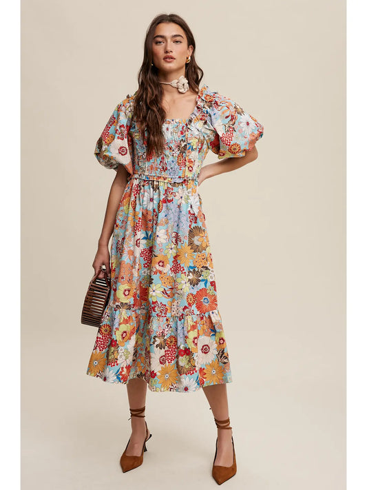 Vintage Flower Print Puff-Sleeve Midi Dress
