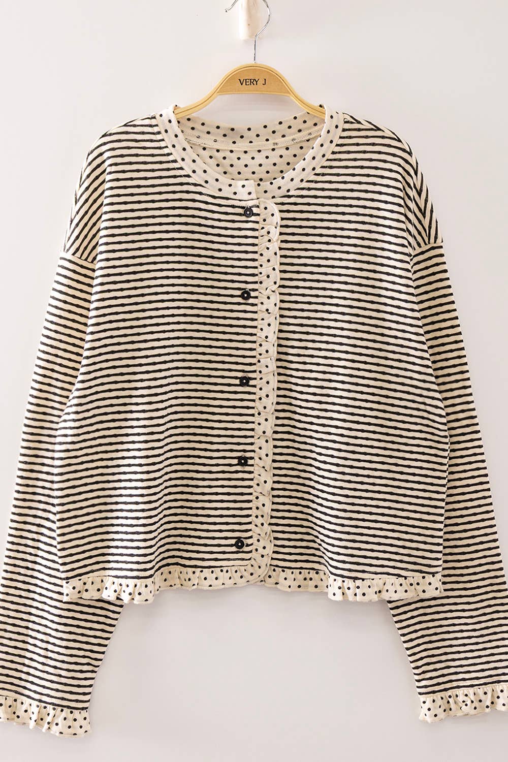 NT12834-Polka Dot Trim Stripe Button-Up Cardigan: CREAM/BLACK / S-M-L/2-2-2