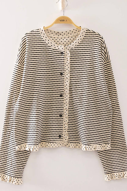NT12834-Polka Dot Trim Stripe Button-Up Cardigan: CREAM/BLACK / S-M-L/2-2-2