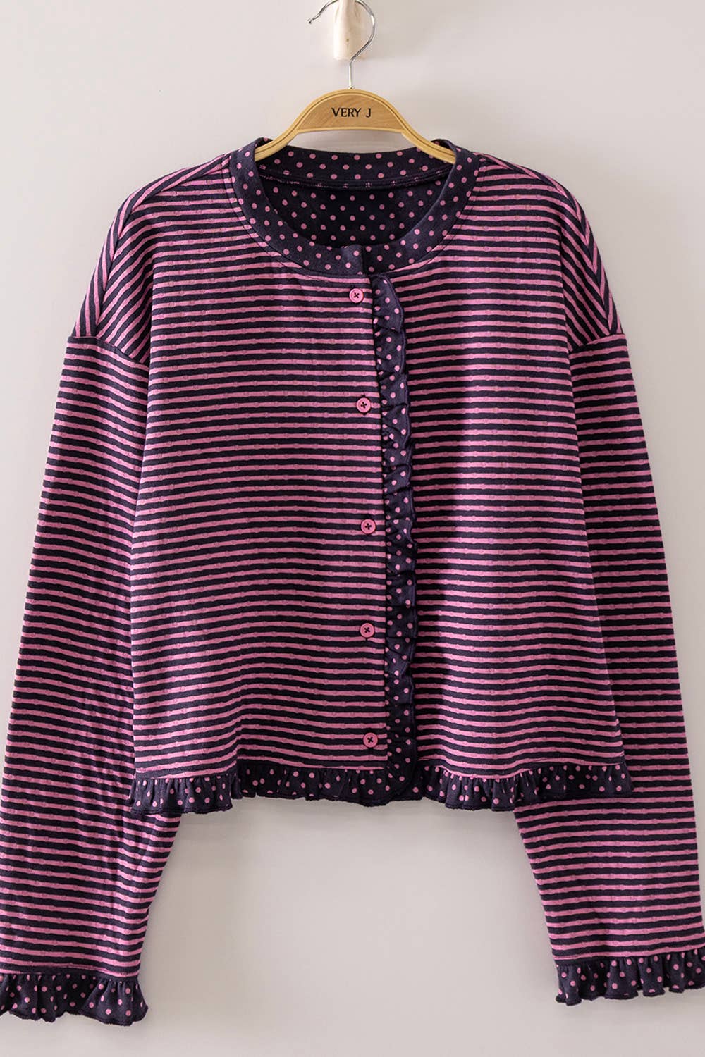 NT12834-Polka Dot Trim Stripe Button-Up Cardigan: CREAM/BLACK / S-M-L/2-2-2