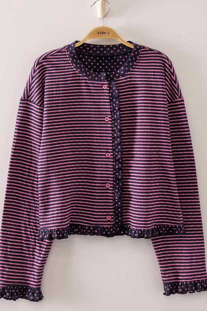 NT12834-Polka Dot Trim Stripe Button-Up Cardigan: CREAM/BLACK / S-M-L/2-2-2