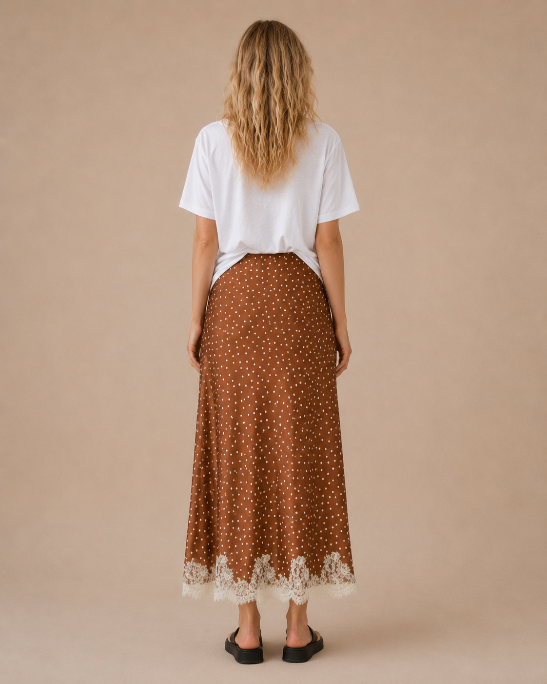 SA10146S - Lace Trim Polka Dot Maxi Skirt: TOFFEE / S