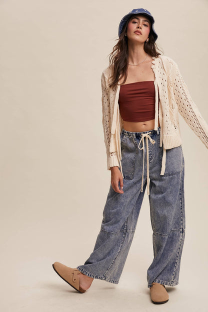 Wide-Leg Denim Drawstring Pants: Blue Denim